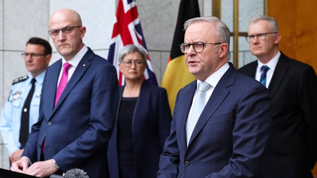 AFP Commissioner Reece Kershaw, ASIO Director-General of Security Mike Burgess, Leader of the Government in the Senate and Minister for Foreign Affairs Penny Wong, Prime Minister Anthony Albanese and Minister for Home Affairs, Minister for Immigration and Citizenship, Minister for Cyber Security, Minister for the Arts and Leader of the House Tony Burke at a press conference at Parliament House in Canberra on Tuesday 26 August 2025.