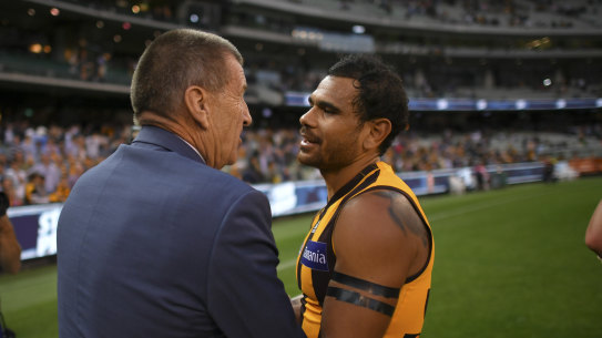 Jeff Kennett and Cyril Rioli in Rioli’s last season of AFL football, in 2018.