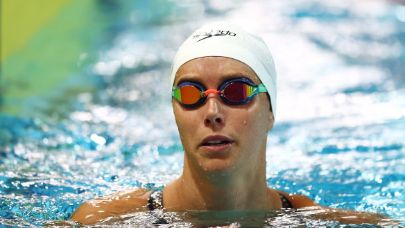 Emma McKeon after racing in the women’s 50m freestyle at the Australian Open Swimming Championships this week. 