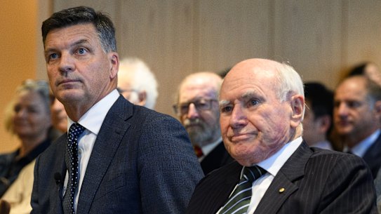 Opposition Leader Angus Taylor (left) and former prime minister John Howard.