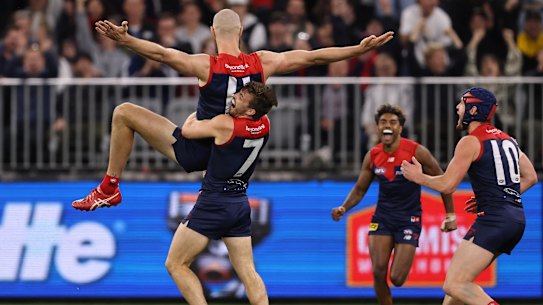 Max Gawn celebrates a goal.