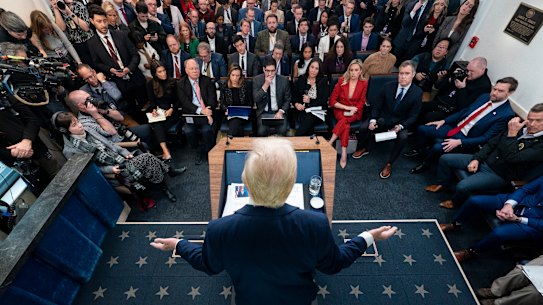 Donald Trump speaks to reporters in the James Brady Press Briefing Room at the White House.