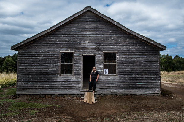 Gunditjmara elder Aunty Donna Wright outside the old dormitory at Lake Condah Mission. Aunty Donna’s mother Eunice Wright and her sister Gloria were stolen while walking home from school to the mission in 1954.