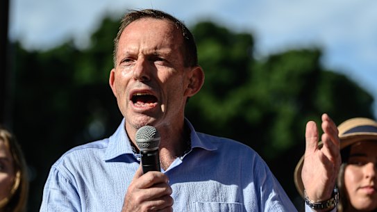 Tony Abbott addresses the protesters at an anti-abortion rally in Hyde Park, Sydney, on Sunday.