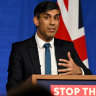 LONDON, ENGLAND - NOVEMBER 15:  Britain’s Prime Minister Rishi Sunak holds a press conference, following the Supreme Court’s Rwanda policy judgement, at Downing Street on November 15, 2023 in London, England. The UK’s highest court has upheld the Court of Appeal’s previous ruling that the UK Government’s plan to send some asylum-seekers to Rwanda, aimed at deterring migrants crossing the Channel from Europe in small boats, to be unlawful.  (Photo by Leon Neal/Getty Images)