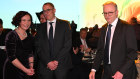 Australian Prime Minister Anthony Albanese greets Minerals Council of Australia CEO Tania Constable and Glencore head of coal Earl Melamed at a parliamentary dinner on Monday night.