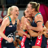 Melbourne Vixens players celebrate their thrilling one-point win over the Giants in last weekend’s preliminary final.