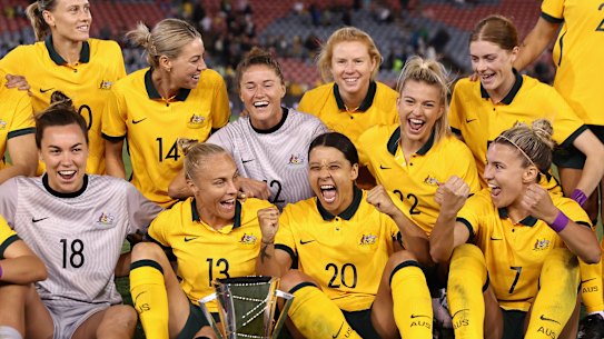 The Matildas celebrate after winning the Cup of Nations match against Jamaica.