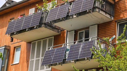 Portable solar panels on apartment balconies in Freiburg, Germany.