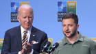 Ukrainian President Volodomyr Zelensky speaks after the G7 declared its support for his country. Joe Biden applauds.