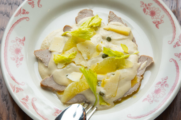 Vitello tonnato, with poached veal, tuna, capers and lemon.