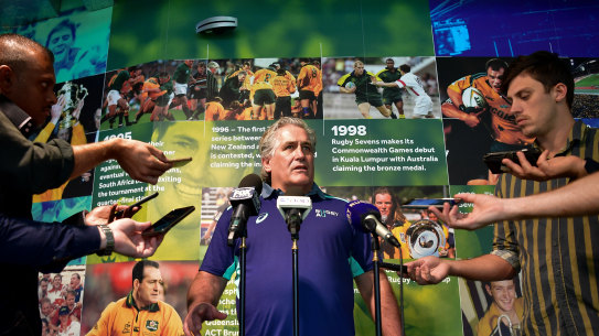 Australia's new director of rugby, Scott Johnson, addresses the media on Friday in Sydney. 