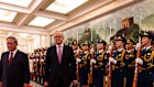 Prime Minister Anthony Albanese with the Premier of the Republic of China Li Qiang during a welcome ceremony in Beijing on Tuesday.