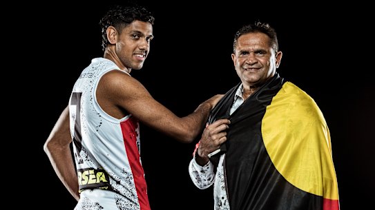 Youngster Nasiah Wanganeen-Milera (left) will play in his first Sir Doug Nicholls round match wearing the number of St Kilda great Nicky Winmar (right).