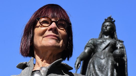 Professor Jenny Hocking, with a statue of Queen Victoria behind her, is taking her fight to release correspondence between Queen Elizabeth and former governor general Sir John Kerr over the Dismissal to the High Court. 