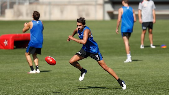 MELBOURNE, AUSTRALIA - FEBRUARY 03: Jamarra Ugle-Hagan of the Bulldogs in action during the Western Bulldogs AFL training session at Whitten Oval on February 03, 2021 in Melbourne, Australia. (Photo by Michael Willson/AFL Photos via Getty Images)