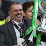 GLASGOW, SCOTLAND - FEBRUARY 26: Celtic manager Ange Postecoglou lifts the Viaplay Cup with teammates trophy following victory in the Viaplay Cup Final between Rangers and Celtic at Hampden Park on February 26, 2023 in Glasgow, Scotland. (Photo by Ian MacNicol/Getty Images)