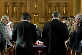 The coffin of David Morrow is taken into St Brigid’s Catholic Church in Coogee.