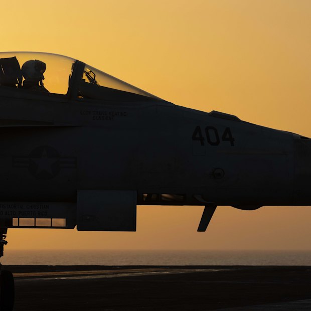 A fighter jet on the deck of the USS Dwight D. Eisenhower in the Red Sea.