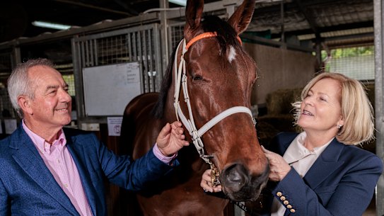 Colin and Jannene Mitchell with their Everest contender Masked Crusader at his Rosehill stable. 