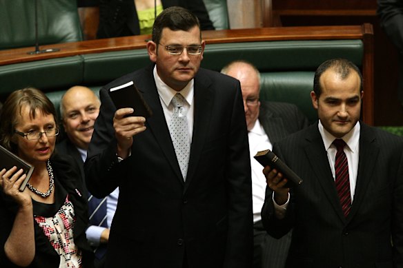 December 21, 2010: The then opposition leader is sworn in at the opening of the 57th parliament of Victoria.