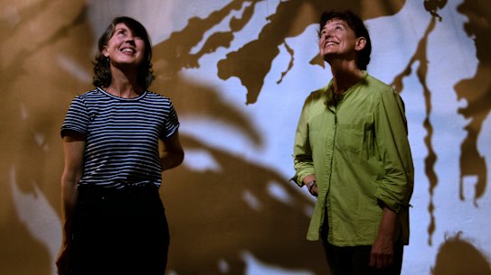 Artists Michaelie Crawford and Jennifer Turpin (in green shirt) with their installation Seaweed Arboretum which is part of Australia’s first seaweed festival that started at  Manly Art Gallery and Museum on Friday. 