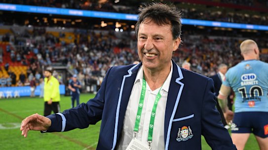 Laurie Daley celebrates the Origin series win in Brisbane.