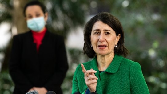 NSW Premier Gladys Berejiklian and NSW Deputy Chief Health Officer Dr Marianne Gale provide a COVID-19 update in Sydney’s Hyde Park. 