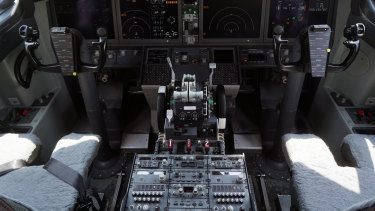The cockpit of a grounded Boeing 737 MAX jet.