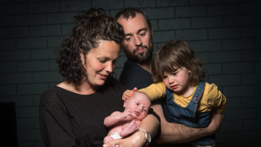 Caitlin Graham with newborn Celeste, two-year-old Aude and husband Lee Barlow.