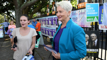 Independent candidate for Wentworth Kerryn Phelps hands out how-to-vote cards in Bellevue Hill.