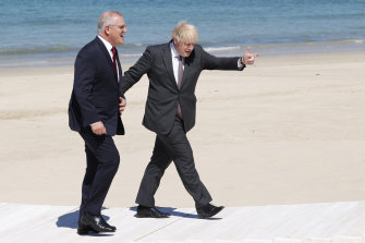 Prime Minister Scott Morrison meets Prime Minister Boris Johnson at the G7 summit in Britain.