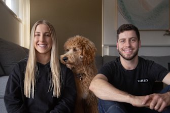 First home buyers Chloe Tan Sing and her partner Kieran Perkins and dog Beebs.