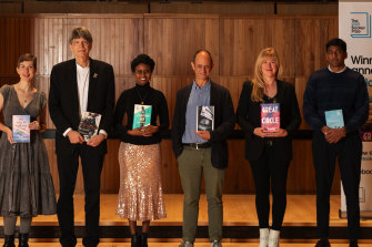 The shortlisted authors (from left) Patricia Lockwood, Richard Powers, Nadifa Mohamed, Damon Galgut, Maggie Shipstead and Anuk Arudpragasam.