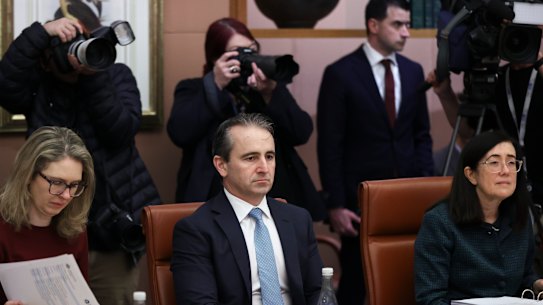 Danielle Wood, CBA CEO Matt Comyn and ACCC Chair Gina Cass-Gottlieb  at the economic roundtable on Thursday, August 21, 2025. 