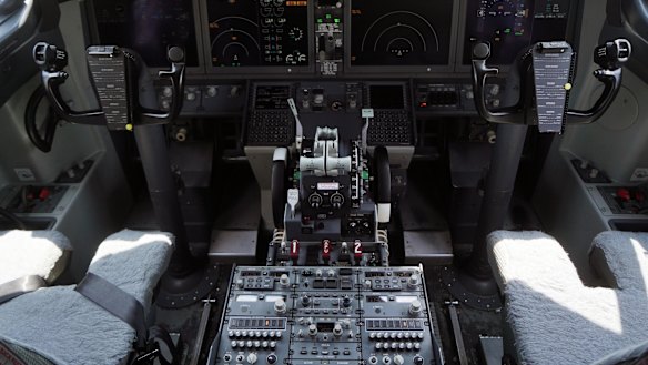 The cockpit of a grounded Boeing 737 MAX 8. 