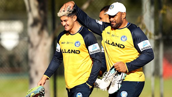 Young gun Dylan Brown (left) will lead the way for Parramatta without star halfback Mitchell Moses.