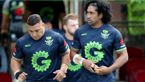 Josh Papalii and Sia Soliola are two of three Canberra Raiders players who refused to sign the vaccination waiver.