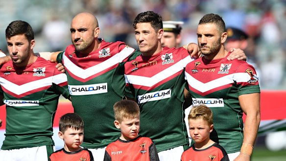 Tim Mannah, Mitchell Moses and Robbie Farah playing for Lebanon at the 2017 World Cup.