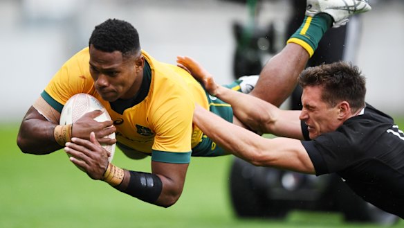 Wallabies debutant Filipo Daugunu goes over for a try against New Zealand.