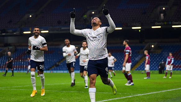 Gabriel Jesus and Manchester City celebrate a goal against Burnley on Wednesday as City made it 13 straight wins in all competitions.