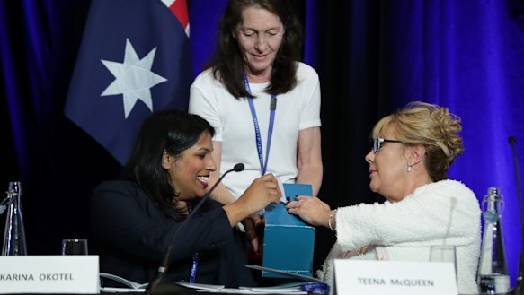 Karina Okotel and Teena McQueen cast their ballots for the vice-presidency of the Liberal Party.