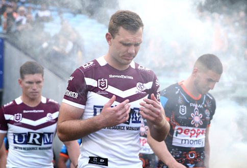 Tom Trbojevic takes the field with the Sea Eagles.