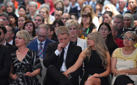 Then-acting lord mayor Arron Wood with his wife Stephanie Wood at the Bourke Street memorial service.