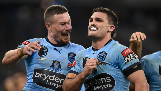 Nathan Cleary celebrates a second-half try as NSW streak away in Origin II.