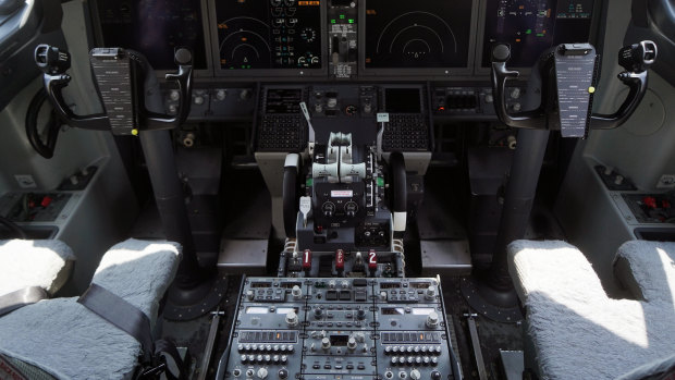 The cockpit of a grounded Boeing 737 MAX 8. 