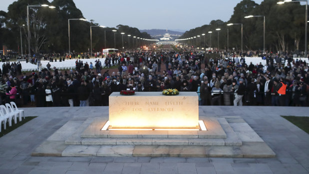 The Australian War Memorial's 2018 Dawn Service. The memorial's private sponsorship and interactive displays have faced both criticism and commendation.