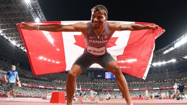 Andre De Grasse after winning a bronze medal in the 100m event in Tokyo. 