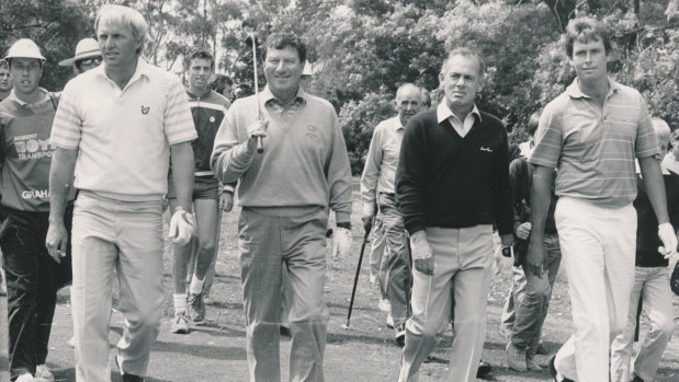 L-R: Australian golfing royalty Greg Norman, Peter Thomson, David Graham and Ian Baker Finch at a 1986 charity event.