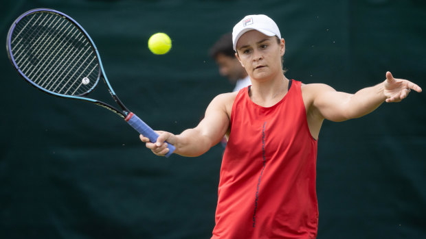 Practice makes perfect ... Ash Barty on the practice courts at Wimbledon.